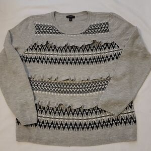 Talbots Woman Size large Gray Lambs Wool/Blend Sweater Ruffle & Stripe Detailing